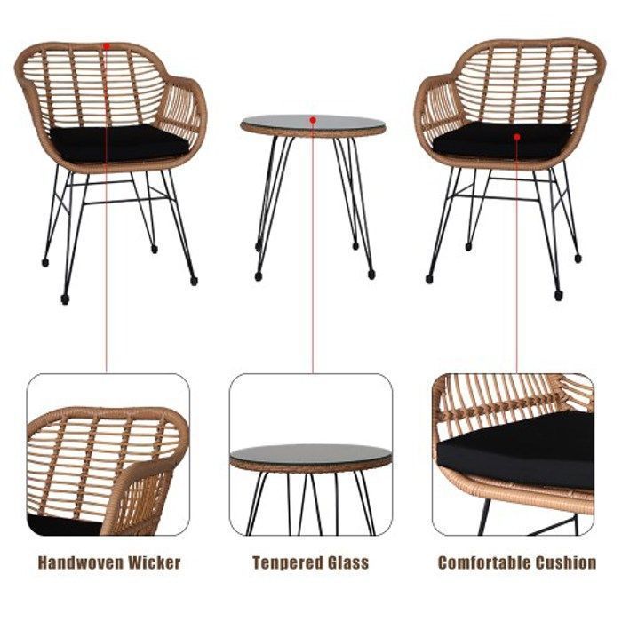 Set di mobili da giardino, 2 sedie + 1 tavolo, con cuscini, in rattan intrecciato