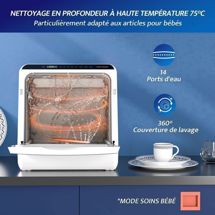 AIRMSEN Mini tafelmodel vaatwasser voor 4 couverts, geen aansluiting nodig, 7 programma's, 5 liter tank, LED-display voor studio