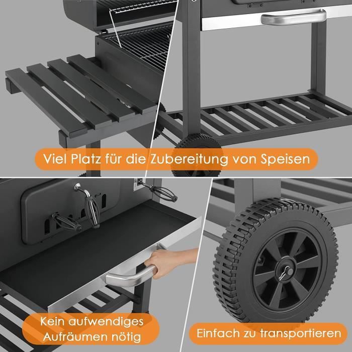 Houtskoolbarbecue, BBQ-grill met 2 zijplanken, in 6 standen verstelbare houtskoolbak, 152x60x136cm