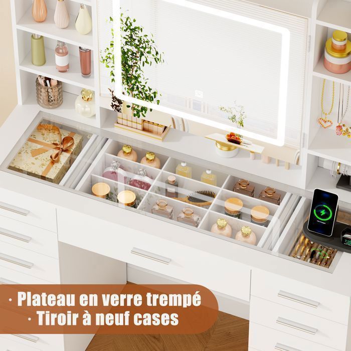 Coiffeuse Grande avec Miroir , LED Réglable, Prise et Port USB, 15 Tiroirs, 105X40X140cm，Blanc
