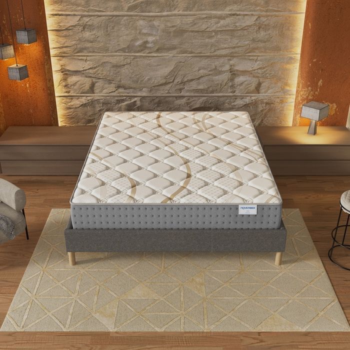 Conjunto de colchón y base de cama (180x200cm) - Muelles ensacados Essem y espuma de alta densidad de 25 cm de grosor + Base de cama de madera estable, Tela gris