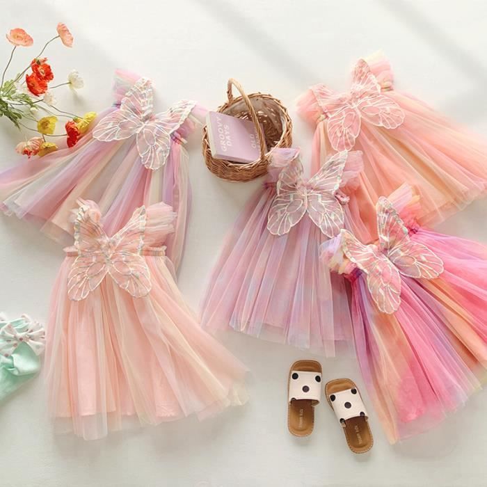 Robe Tutu à bretelles papillon arc-en-ciel colorée pour filles à paillettes Rose1