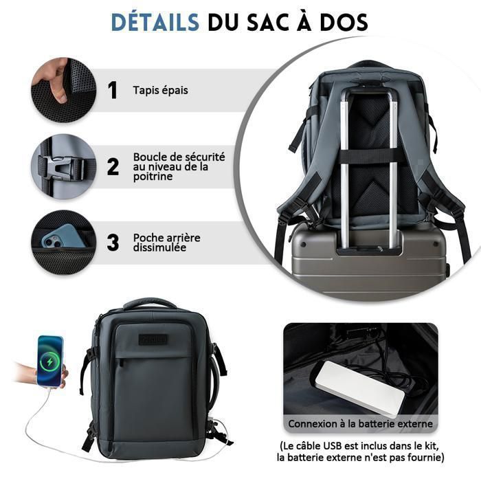Sac à dos sous vide avec Pompe Air -  Sac de voyage | Bagage à Main 47 × 33 × 20 cm | Imperméable | gris