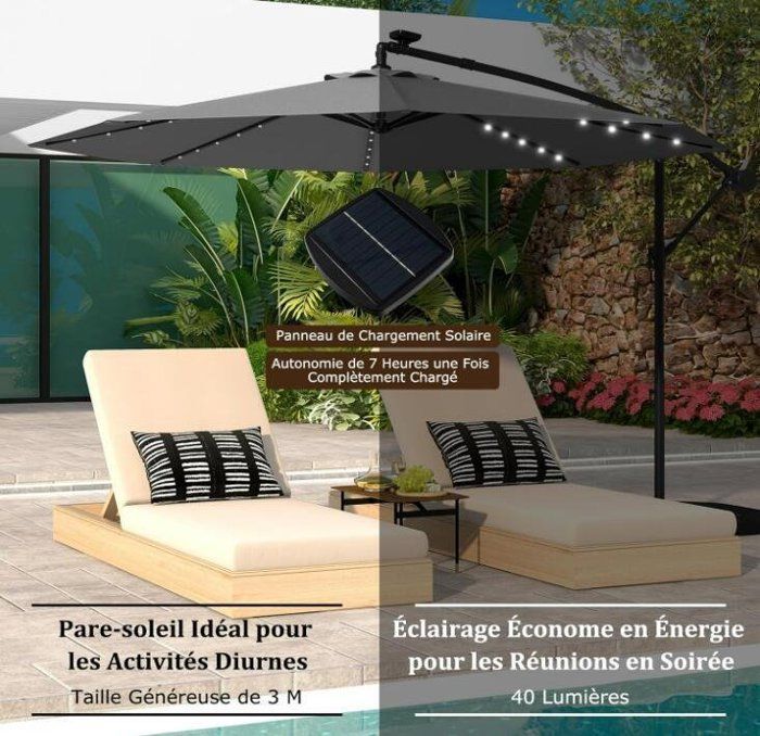 Parasol de Jardin Extérieur - RELAX4LIFE - 3M - 40 Lumières LED - Réglage de l'Inclinaison et de la Manivelle - Pied en Croix -Gris