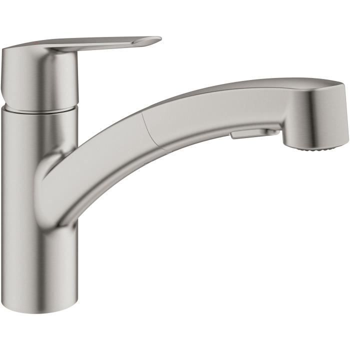 Rubinetto da cucina - Supersteel - Miscelatore monocomando per lavello - Doccetta estraibile - Bocca di erogazione bassa girevole a 90° - GROHE Start -
