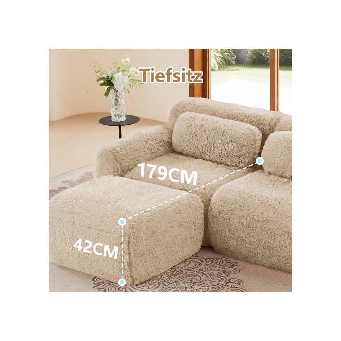 Canapé 2 Places avec 2 Poufs, Tissu Velours Kaki Clair, Modulable et Sans Armature, Mousse 32D, Ensemble Convertible pour Salon