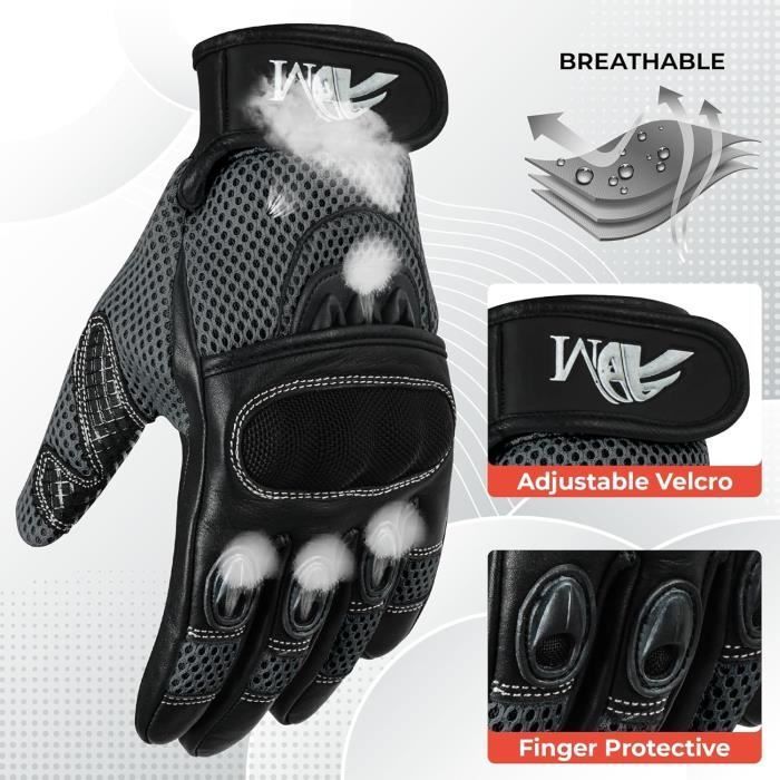 Guantes de cuero para moto/scooter ADM con certificación CE + logotipo de motorista - Suaves y transpirables - Gris y negro