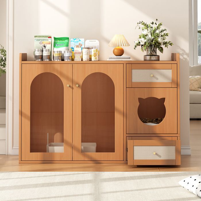 Kattenhuis met kattenbak en opbergruimte, inclusief voerbak en kattenbakvulling (niet inbegrepen), walnootkleur, 120x45x83 cm