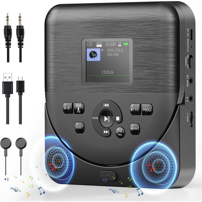 Lecteur CD Portable, Lecteur CD Bluetooth avec Haut-parleurs/écouteurs/écran, Rechargeable Player Voiture avec émetteur FMx, Noir