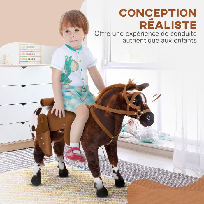 Juguete balancín - HOMCOM - Caballo de peluche de pie con efectos de sonido (relincho, galope, silla de montar) - Madera - 85x28x60cm - Marrón y blanco