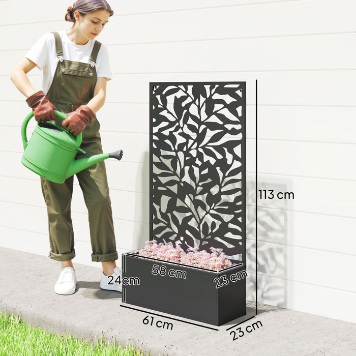 Macetero Outsunny con celosía como panel de privacidad, rectangular, de metal, 61 x 23 x 113 cm, negro.