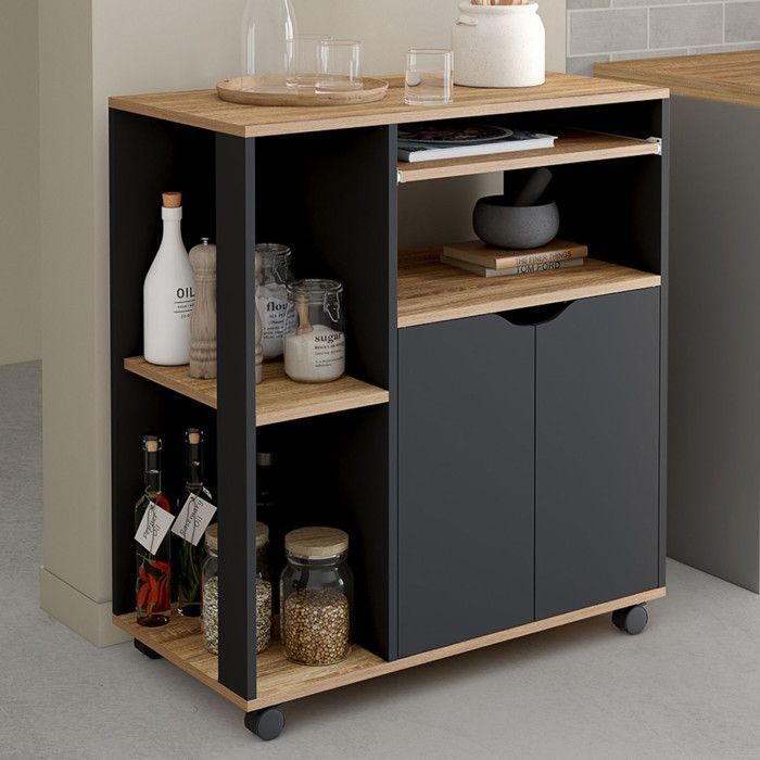 IDMARKET Desserte de cuisine COSI bois noir et plateaux façon hêtre L.76 CM