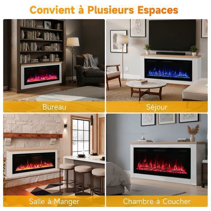 HOMAVO 50'' Cheminée Électrique, 1000/2000W, Flamme 3D, APP Contrôle, Minuterie, Sécutité Surchauffe, Meuble incluse