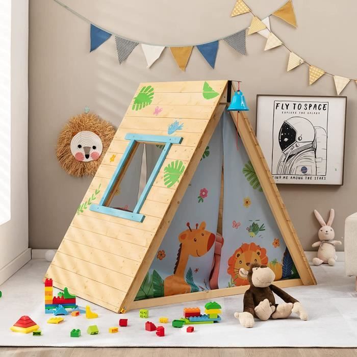 COSTWAY 2-in-1 Kinderspeelhuisje voor in de tuin met klimrek, waterdicht klokvormig speelhuisje van vurenhout voor binnen- en buitengebruik, kinderen van 3-8 jaar