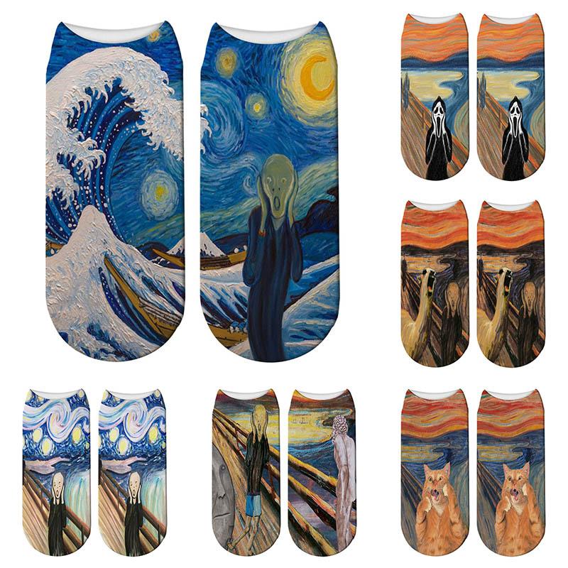 Nowe damskie bawełniane skarpetki z nadrukiem 3D, Van Gogh Art, Harajuku, Retro, Klasyczne, Malarstwo olejne, Damskie, Zabawne, Szczęśliwe, Niskie, Okrągłe Skarpetki do Kostki