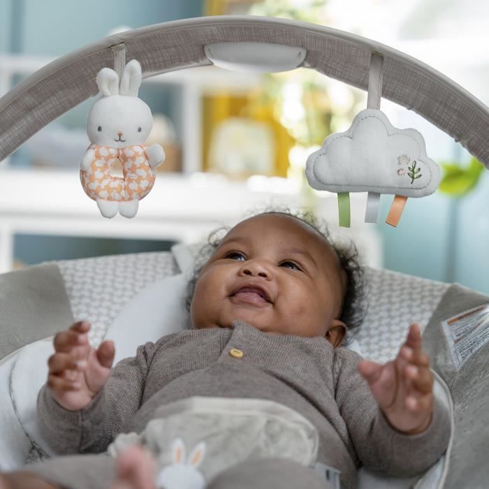 INGENUITY Baby Comfort Bouncer Little Rabbit, met verlichte activiteitenboog, afneembaar verkleinkussen, babycadeau
