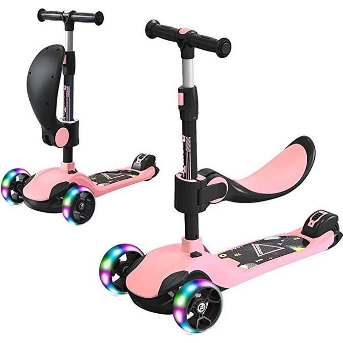 Trottinette Enfant 3 en 1 - LED - Rose - Siège - 3 Roues Élégantes