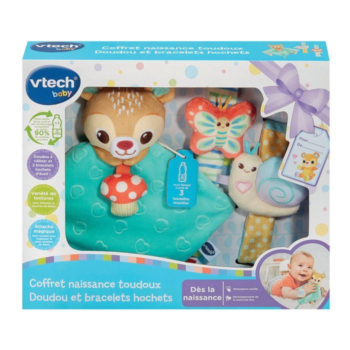 VTECH BABY - TOUDOUX CADEAUSET VOOR PASGEBORENEN - KNUFFEL EN RAMMELARMBANDEN (GERECHTE PLASTIC FLESSEN) - Meerkleurig