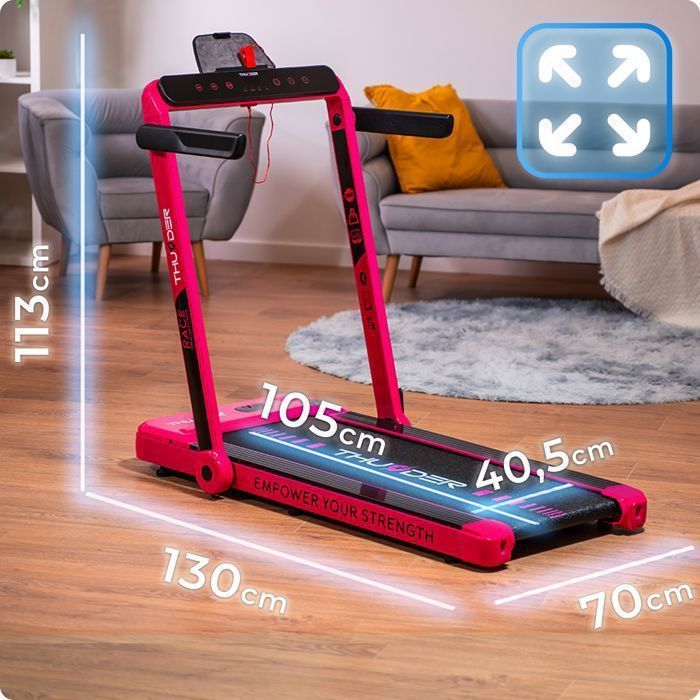 Tapis roulant pieghevole THUNDER® RACE-PINK | Velocità regolabile 1-14 km/h | App Bluetooth | Peso massimo supportato 130 kg | Display a LED | Rosa