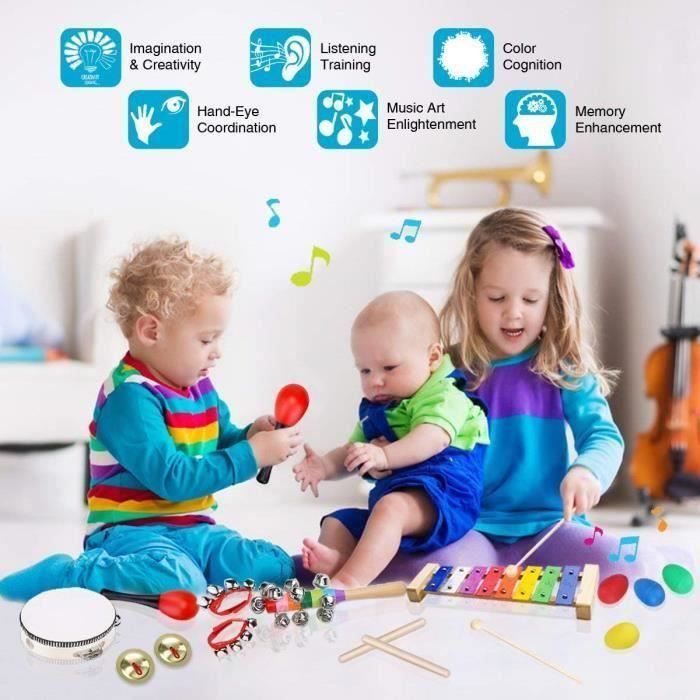 Conjunto de instrumentos musicais infantis CHANGM, 25 peças de instrumentos de percussão de madeira para bebês, incluindo xilofone e pandeiro.