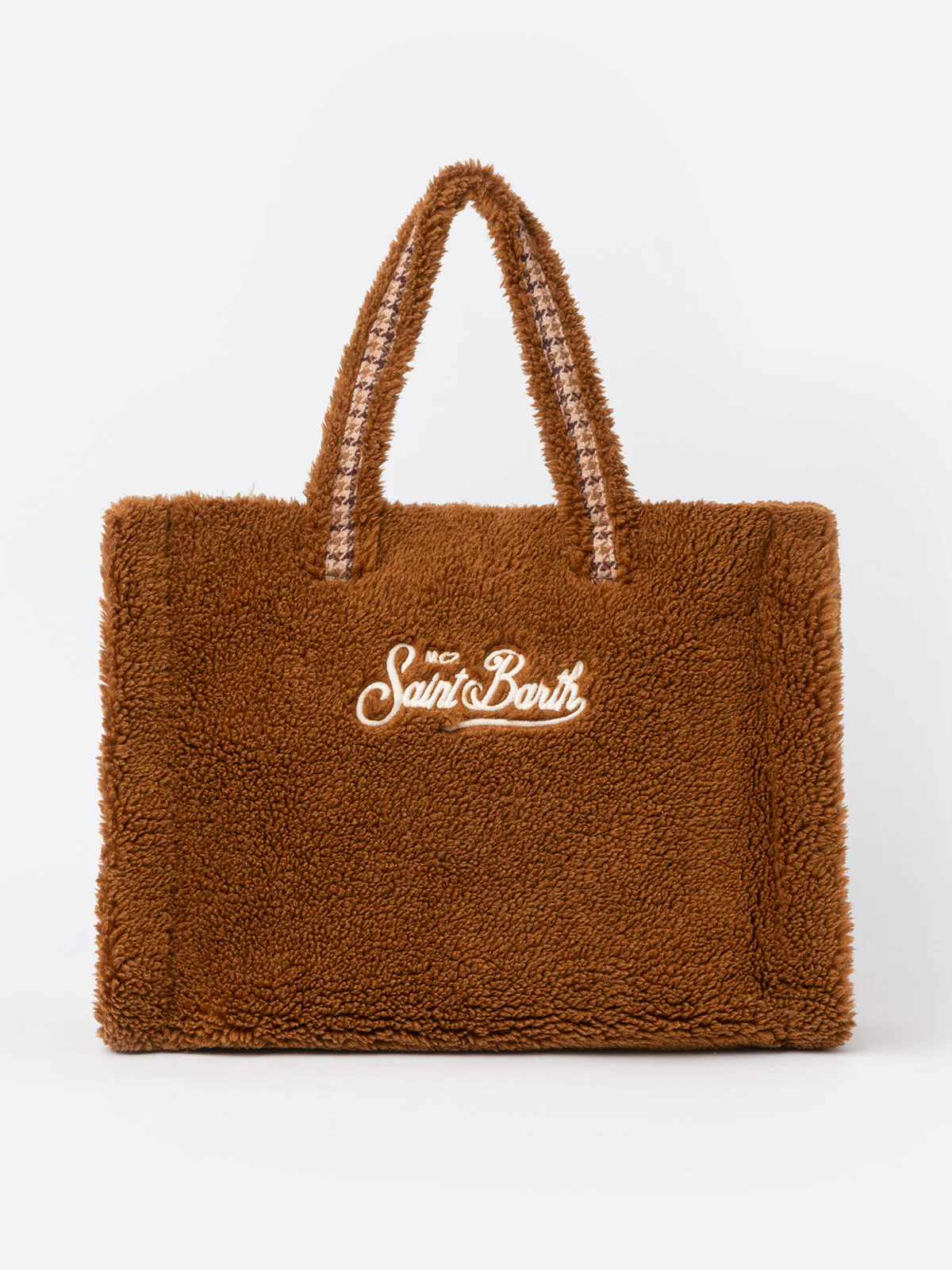 Bruine pluche tas met het Saint Barth-ruitjeslogo.