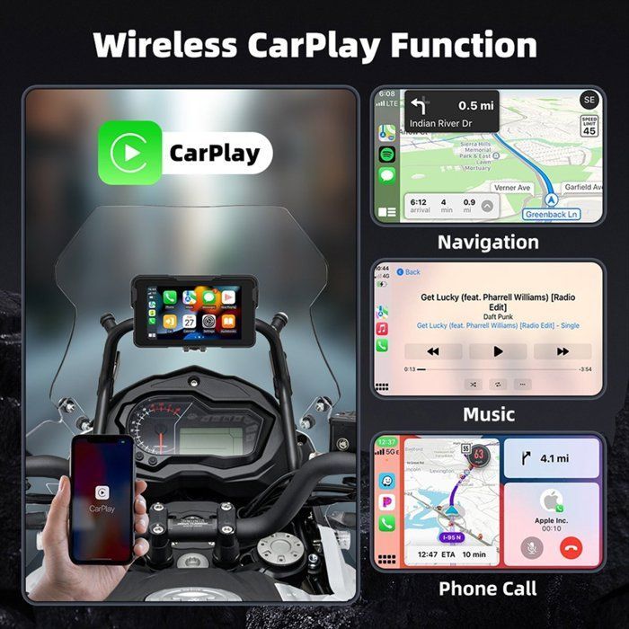 Pantalla de navegación digital portátil para motocicletas, 5.0 pulgadas, inalámbrica, CarPlay, Android Auto, para el tablero de la motocicleta