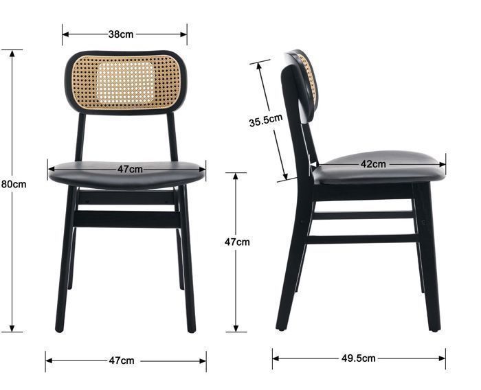 Wahson Chaise de Salle à Manger Lot de 2 Chaise Salle à Manger Bois Rétro et Rotin, Chaise de Cuisine pour Salon, Cuir PU, Noir