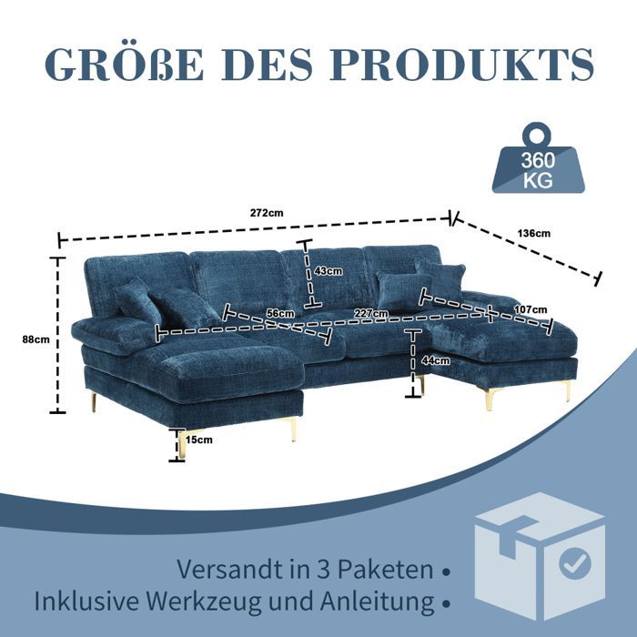 Canapé U-shaped modern grand chenille bleu 272.00x136.00x88.00 cm
