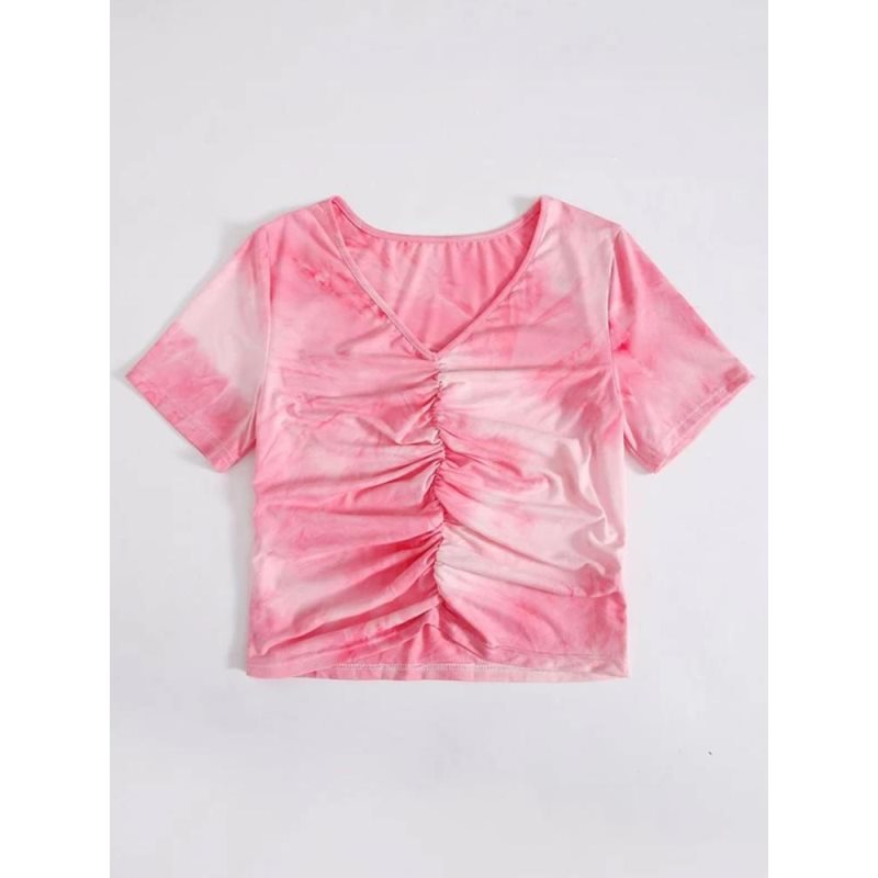 T-shirt court stretch plissé à col V et manches courtes, coupe slim, imprimé tie-dye, pour femme, idéal pour un look streetwear tendance.
