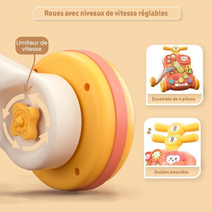 Twinky Trotteur de luxe - TWINKY - Rose - Poussette pour Bébé avec Jeu Interactif - Frein à Vitesse Réglable et Téléphone Amovible