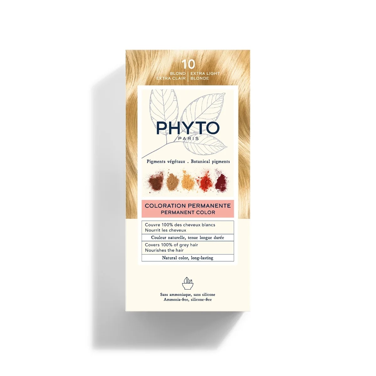 PHYTO Phytocolor 10 Rubio extra claro, coloración permanente sin amoníaco, cobertura total de las canas.