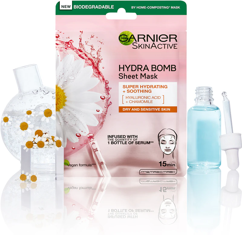 Máscara facial em tecido Hydra Bomb da Garnier, intensamente hidratante e suavizante para pele seca e sensível.