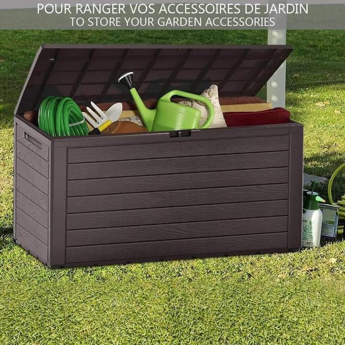 VOUNOT® Baule da giardino con maniglie 280L - Baule per esterni in PP - 116x44x55cm - Stile legno marrone