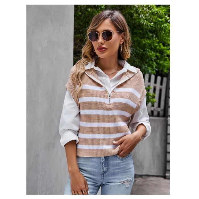 Pull Gilet Femme Col en V Sans Manches Bicolore Coupe Décontractée En Tricote À rayure - Noir - INSFITY