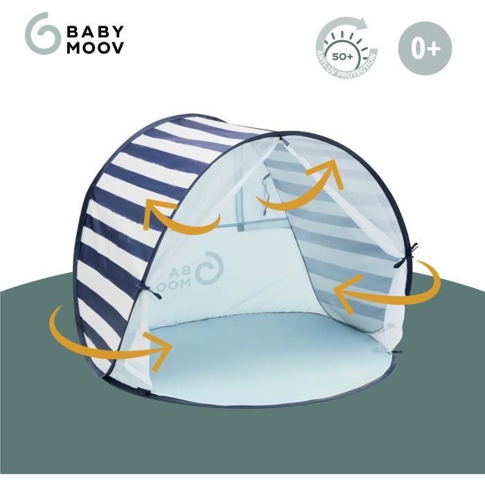 Tenda Babymoov con protezione UV SPF 50+ a righe e zanzariera integrata.