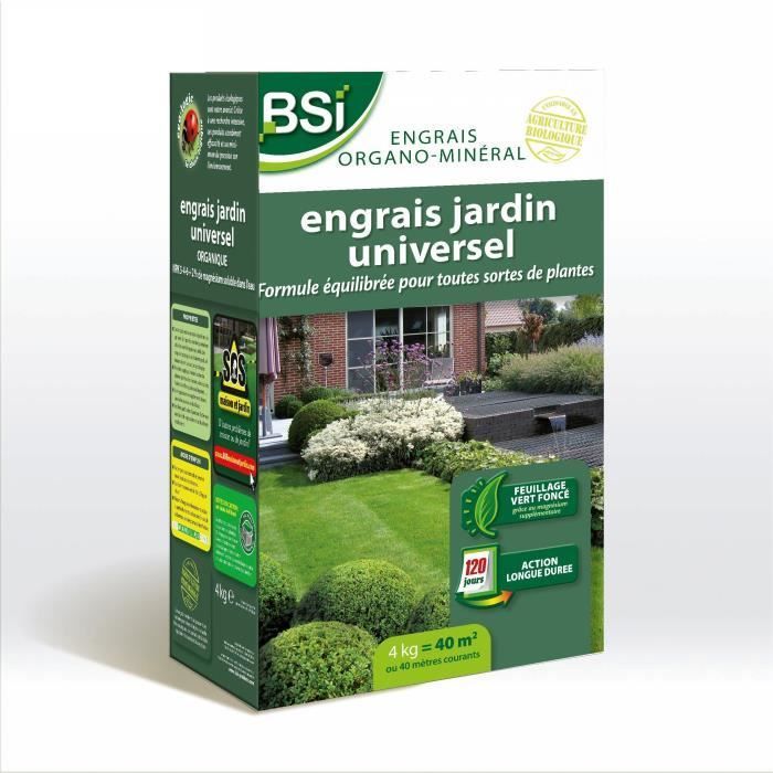 BSI - Engrais Bio - Universel - Pour Végétaux Multiples - Gazon, Potager, Fleurs Et Autres - Action Longue Durée - 4Kg - 40 m²