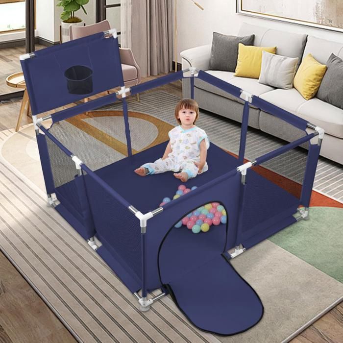 Parque infantil de tela Oxford - XUANYU - 126*126 cm con ventosas, puerta con cremallera y pelotas de juego - Azul oscuro