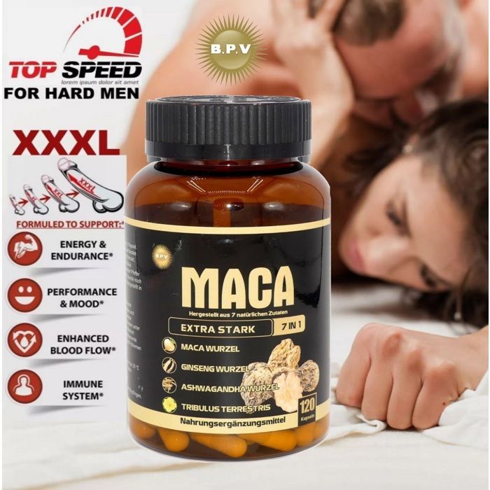 120 Cápsulas de Maca | Alta potencia | Con Tribulus + Ginseng + Ashwagandha + Shilajit + Pimienta Negra y Shatavari