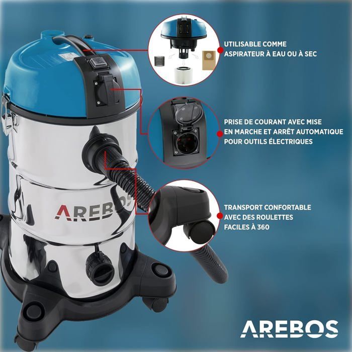 AREBOS Aspirateur Industriel | Aspirateur Eau et Poussière | Aspirateur Sec et Humide | 5en1 | 1300W | 30L | Acier Inoxydable |