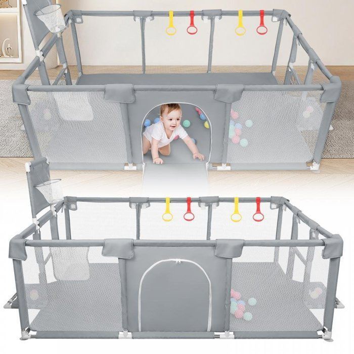 Parque infantil XUANYU, parque infantil modular plegable XXL con barreras/redes/pelota de playa/4 asas - Gris oscuro