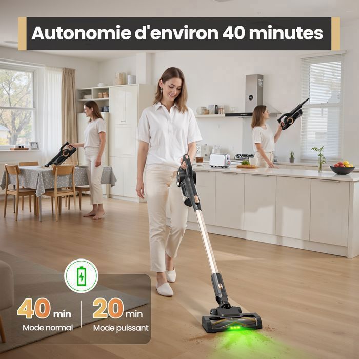 Aspirateur Balai Sans Fil LAMZIEN V9PRO - 35kPA - 40min d’autonomie - Léger - Brosse Anti-Enchevêtrement - Lumière LED Verte