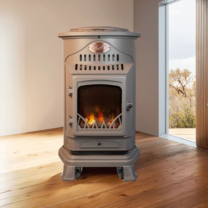 3,4 kW Gasofen aus echtem Gusseisen, honigbraun, Holzfeuer-Effekt, Provence-Stil, UNIVERSAL