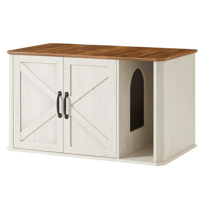 Katzentoilettenschrank, Fronteinstieg, Doppeltür, Griffe, 85 x 48,5 x 50 cm, Honigbraun und Rustikalweiß