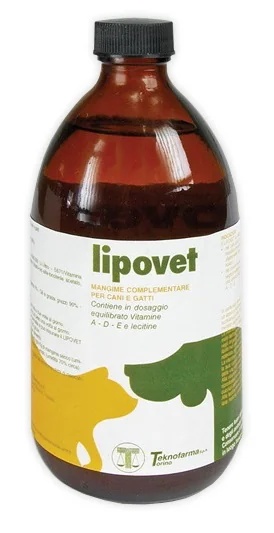 Suplemento vitamínico TEKNOFARMA Lipovet, frasco de 500 ml, para cães e gatos.