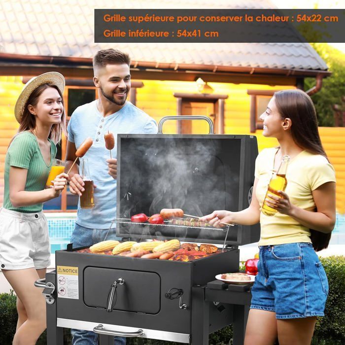 Zwarte houtskoolbarbecue, XL, met deksel, grillrooster, wielen en thermometer, rookbarbecue, 116,3 x 106 x 56 cm