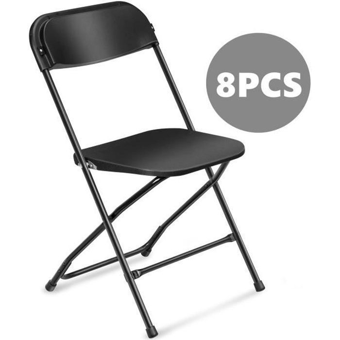 Set of 8 black plastic folding chairs, portable stackable commercial seating for indoor and outdoor use with steel frame