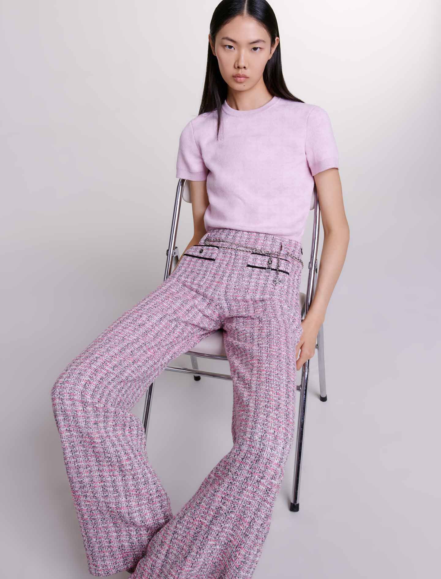 Broek ook verkrijgbaar in tweed-roze/zwart