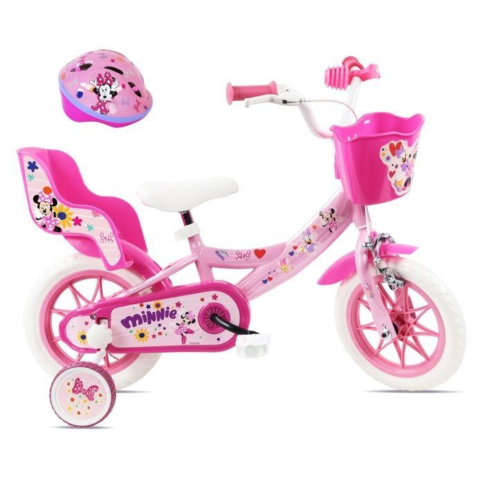 Vélo enfant 12'' Minnie / Disney Fille ( taille < 90/95 cm ), Rose & Blanc, équipé d'un porte-poupée, panier avant + Casque Minnie !