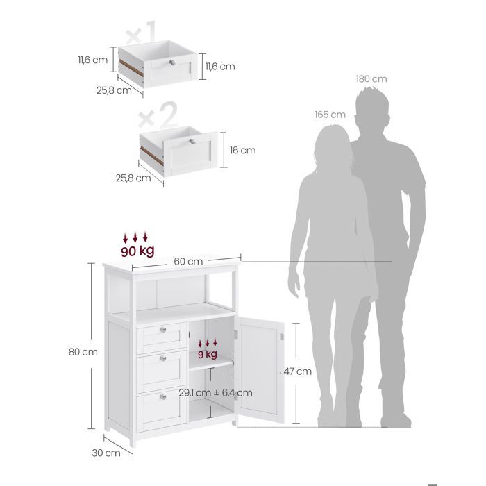 VASAGLE Meuble de Salle de Bain, Commode, Placard, Armoire, avec Étagères Réglables, 3 Tiroirs, 30 x 60 x 80 cm, Blanc