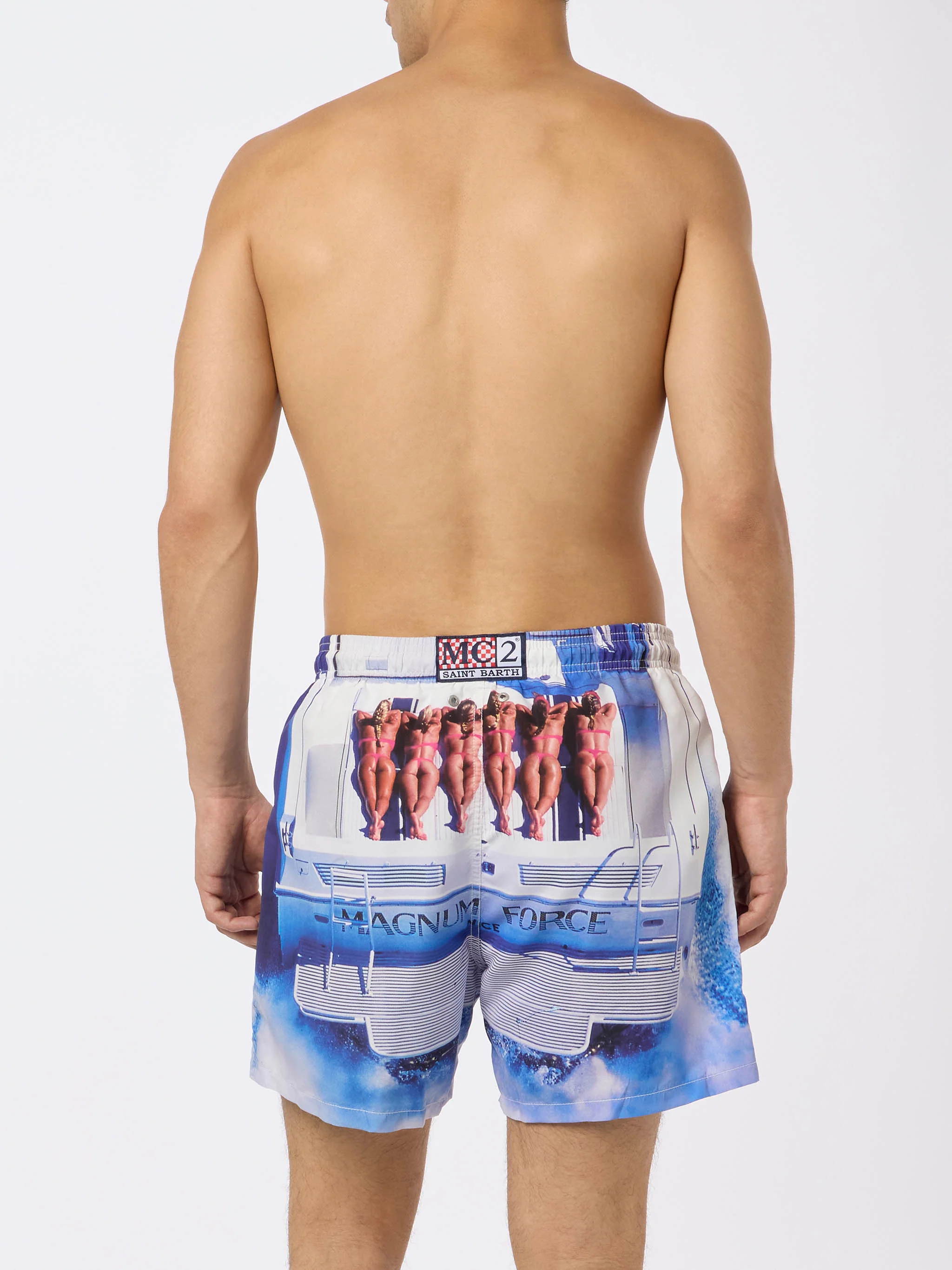 Zwembroek met fotoprint en Magnum Marine Boat Special Edition-opdruk | Middellange lengte | Normale pasvorm | Comfortabele tailleband met trekkoord | MC2 Saint Barth